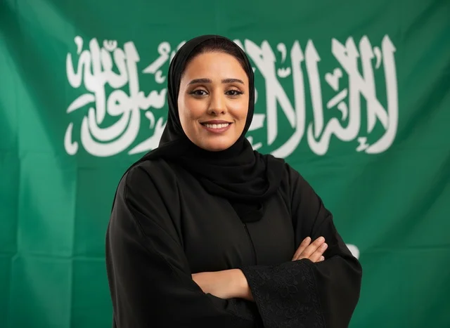 امرأة سعودية بالعباءة أمام العلم الوطني