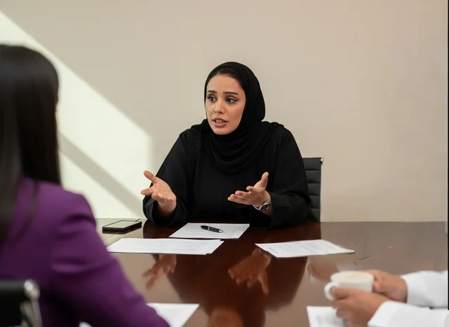 سيدة أعمال إماراتية تقود اجتماع عمل في المكتب