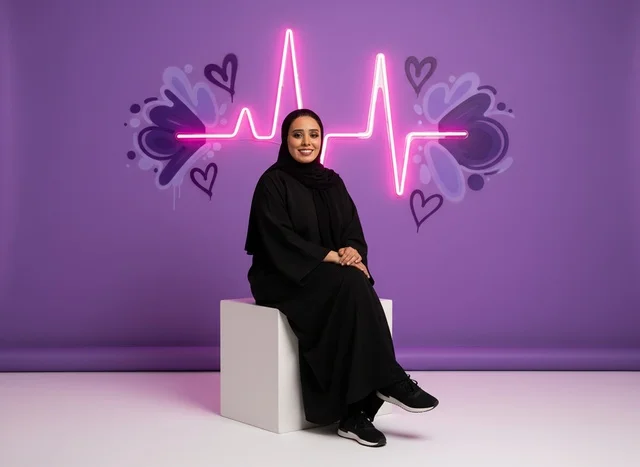Saudi Woman in Abaya with Neon Heartbeat Background