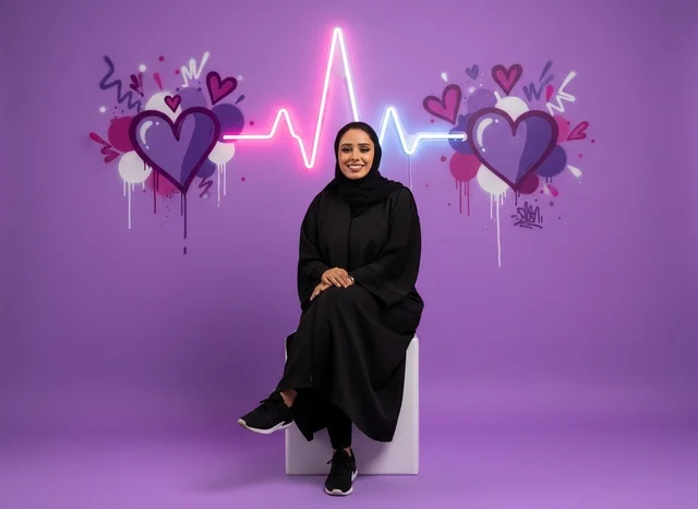 Saudi Woman in Abaya with Neon Heartbeat Background