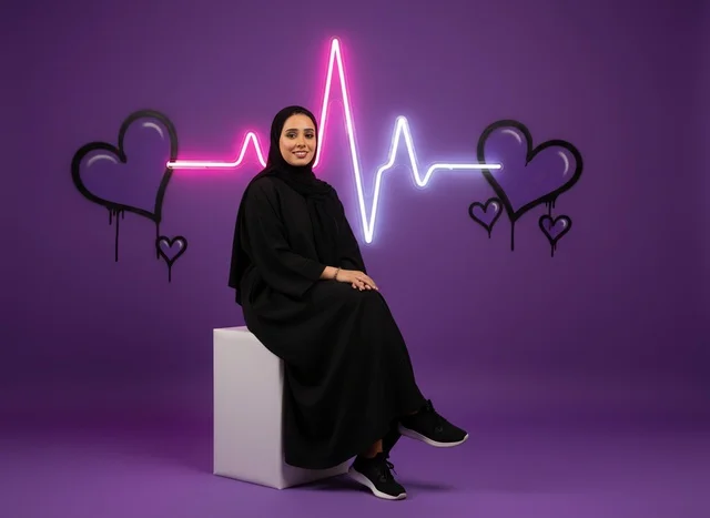 امرأة إماراتية بالعباءة السوداء مع خلفية نيون لنبض القلب