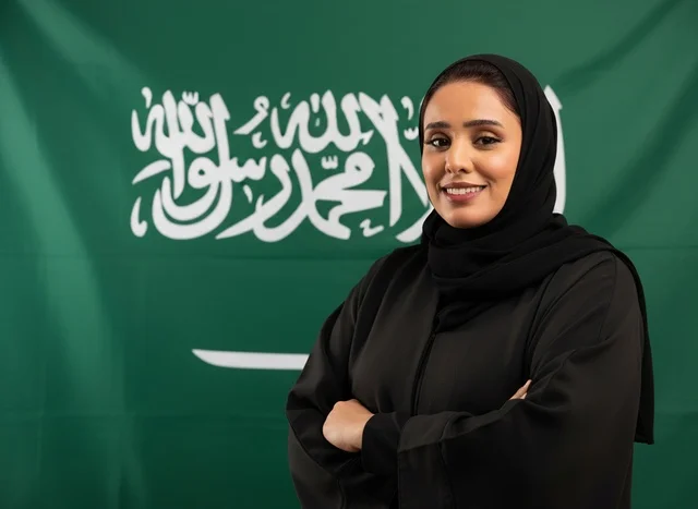 امرأة سعودية بالعباءة تقف أمام علم المملكة العربية السعودية امرأة سعودية بالعباءة تقف أمام علم المملكة العربية السعودية