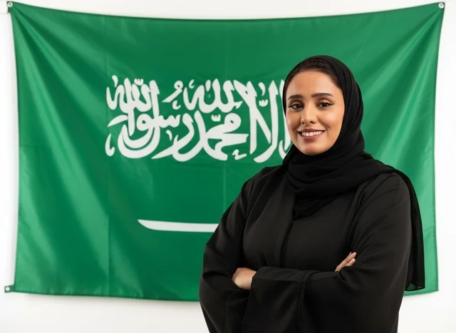 امرأة سعودية بالعباءة تقف أمام العلم الوطني