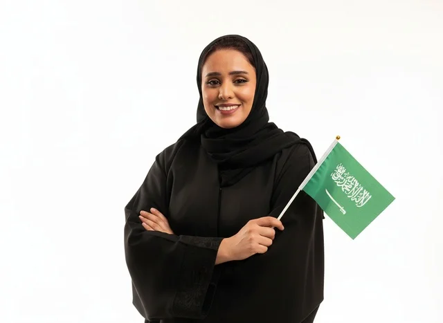 امرأة سعودية تحمل العلم الوطني بالعباءة السوداء