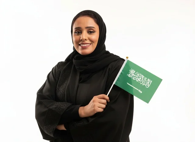 Saudi Woman with National Flag in Black Abaya