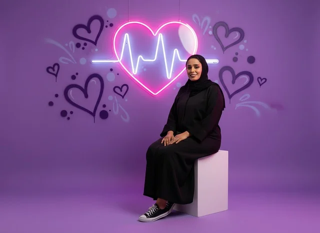 Saudi Woman in Abaya with Neon Heart Background