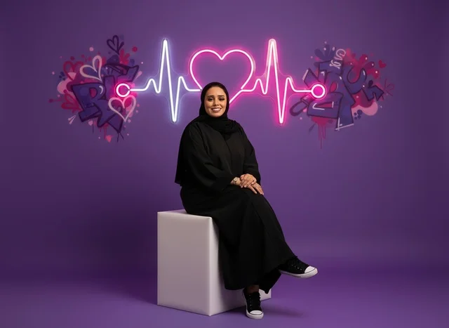 Saudi Woman in Abaya with Neon Heart on Purple Background