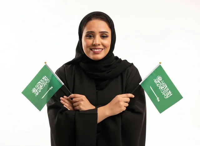 امرأة سعودية بالعباءة تحمل أعلام المملكة