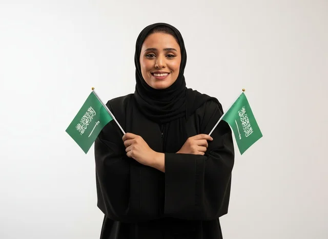 Saudi Woman Holding Flags on White Background Studio