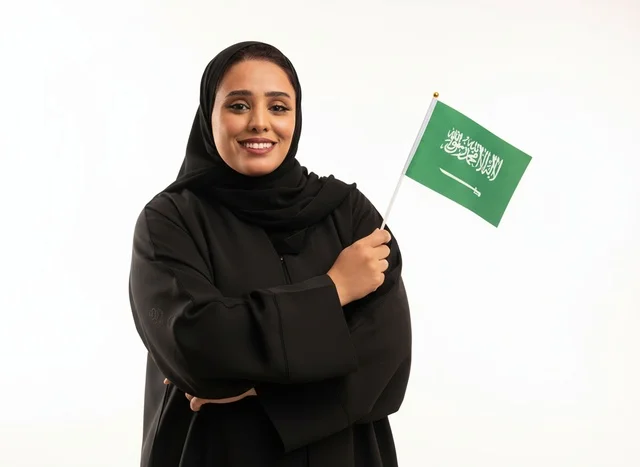 Saudi Woman in Abaya Holding National Flag