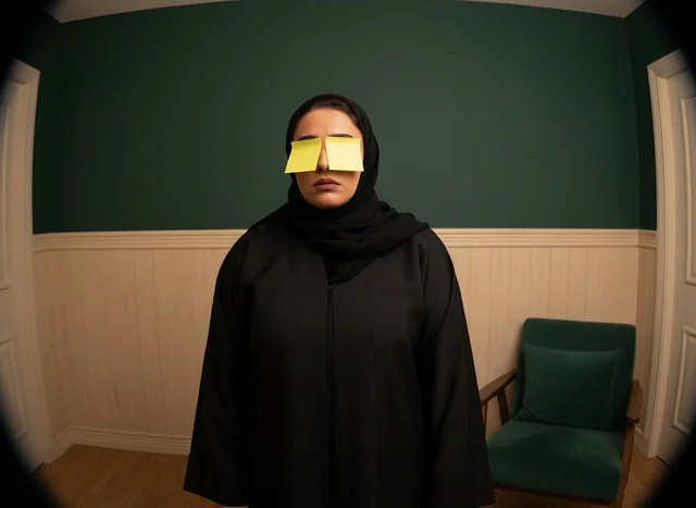 Saudi Woman with Sticky Notes on Eyes in Abaya