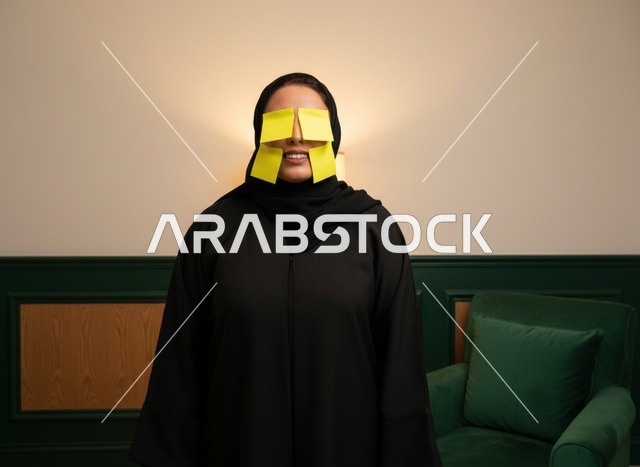 امرأة سعودية تضع ملاحظات لاصقة على وجهها بالعباءة