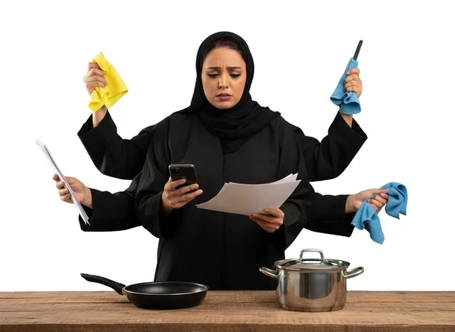 امرأة عربية في عباءة تنجز مهام منزلية وعملية متعددة