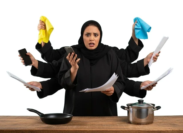 Stressed Saudi Woman Multitasking with Multiple Arms