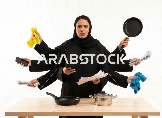 Saudi Woman Multitasking With Multiple Arms in Abaya