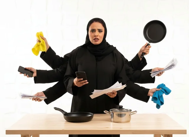 Saudi Woman Multitasking With Multiple Arms in Abaya