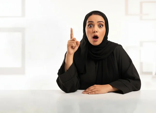 امرأة سعودية بالعباءة تعبر عن مفاجأة وتشير للأعلى
