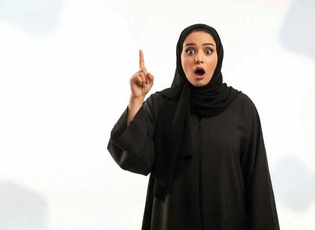 امرأة إماراتية ترتدي عباءة سوداء تشير للأعلى بدهشة