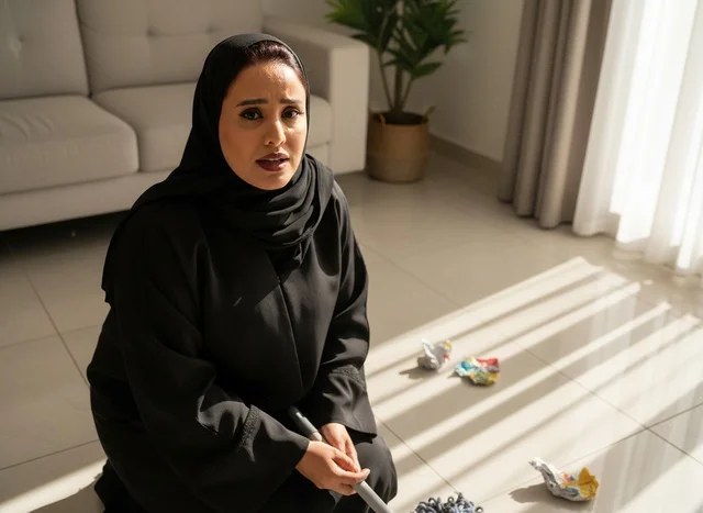 امرأة إماراتية تنظف أرضية غرفة المعيشة بالممسحة امرأة إماراتية تنظف أرضية غرفة المعيشة بالممسحة