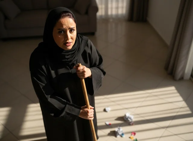 امرأة إماراتية بعباءة سوداء تنظف المنزل بحزن وقلق
