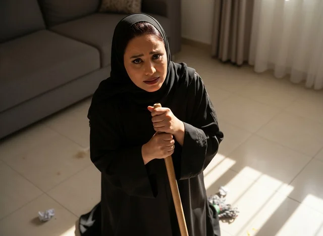 Exhausted Emirati Woman Cleaning Floor in Abaya