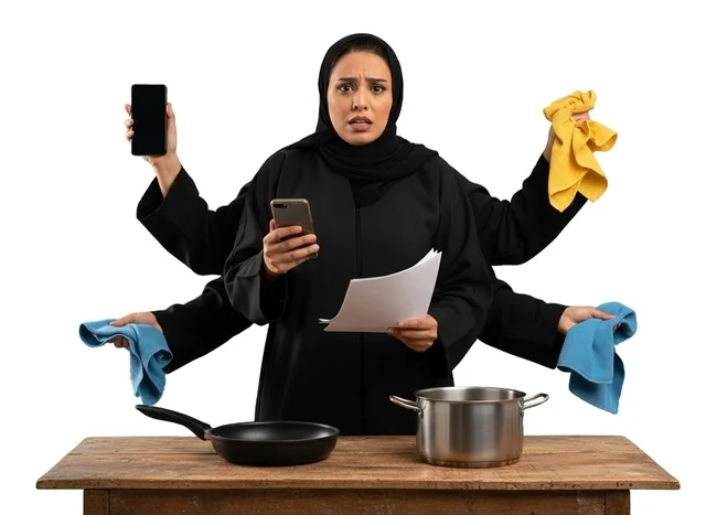 Stressed Saudi Woman Multitasking in Abaya and Hijab