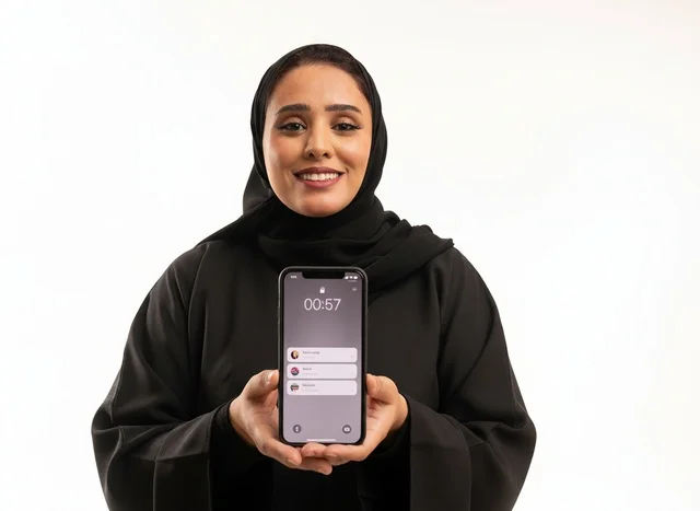 Saudi Woman in Black Abaya Holding Smartphone Studio
