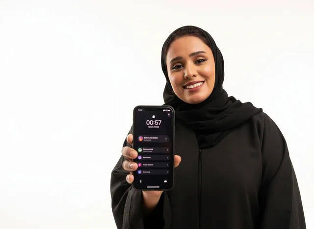 Saudi Woman in Abaya Holding Smartphone Studio