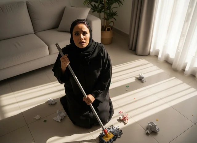 امرأة إماراتية مجهدة تنظف أرضية غرفة المعيشة