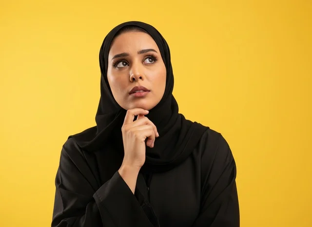 Thinking Emirati Woman in Black Abaya on Yellow Background