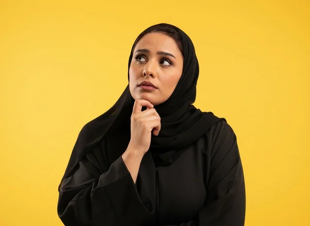 امرأة سعودية تفكر بالعباءة السوداء بخلفية صفراء
