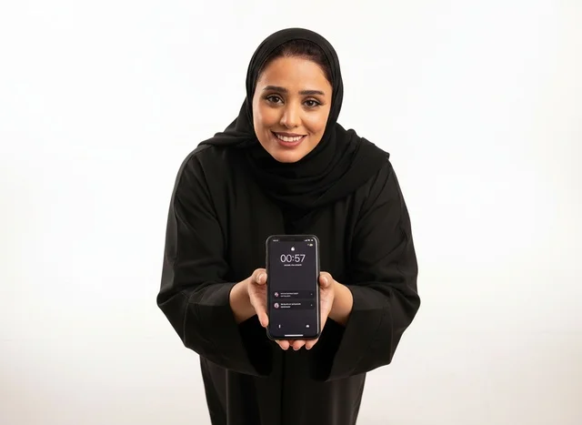 امرأة سعودية بالعباءة السوداء تحمل هاتف ذكي