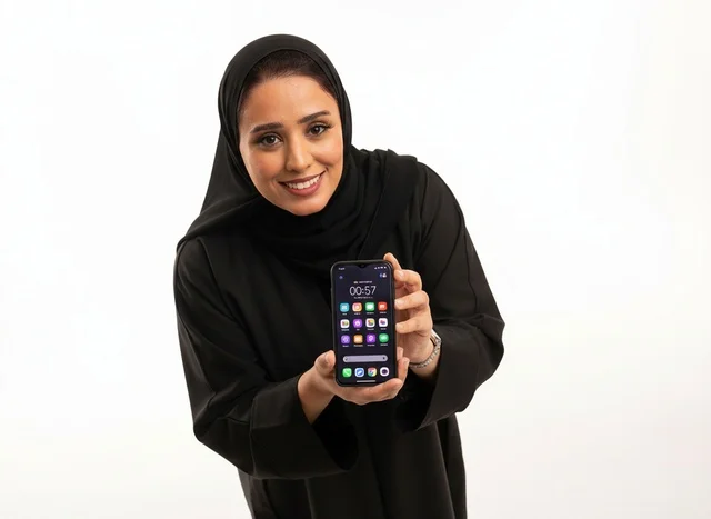 امرأة سعودية بالعباءة تحمل هاتف ذكي خلفية بيضاء