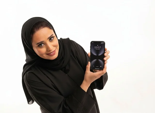 امرأة سعودية بالعباءة تحمل هاتف ذكي خلفية بيضاء