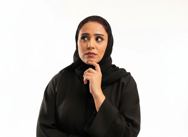Thinking Saudi Woman in Black Abaya Studio Portrait