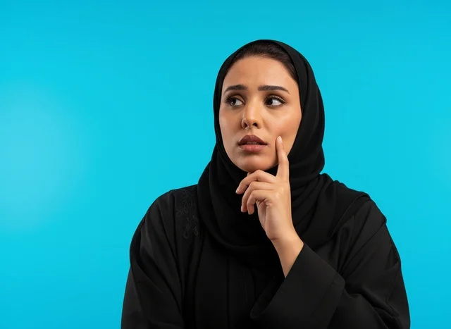 Saudi Woman Thinking in Black Abaya on Blue Background