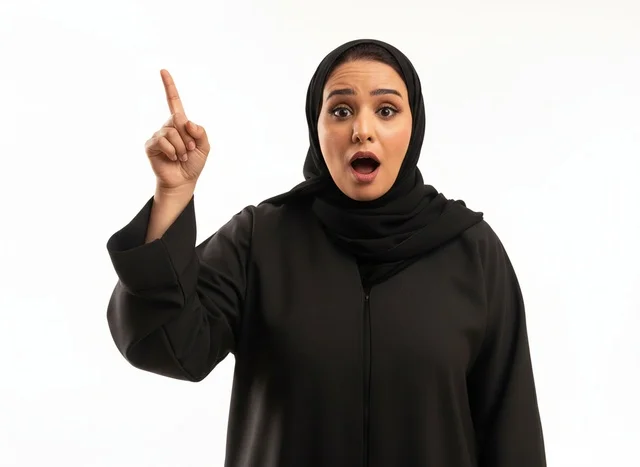 Shocked Saudi Woman in Abaya Pointing Upward