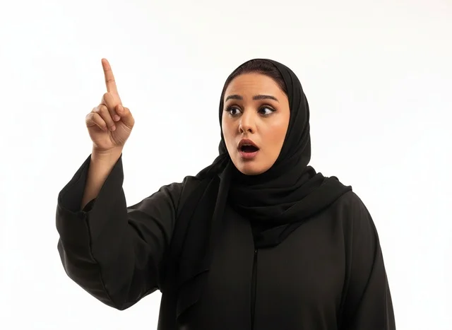 Surprised Arab Woman in Abaya Pointing Finger Up