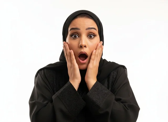 امرأة سعودية مصدومة بالعباءة السوداء خلفية بيضاء