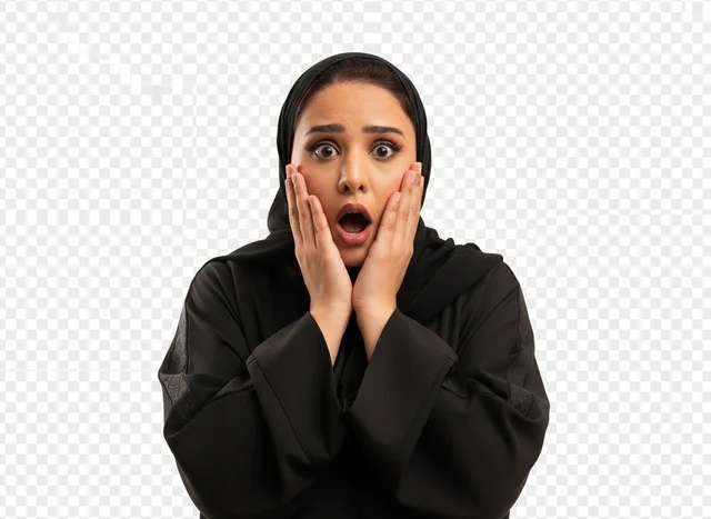 Shocked Emirati Woman in Black Abaya Isolated