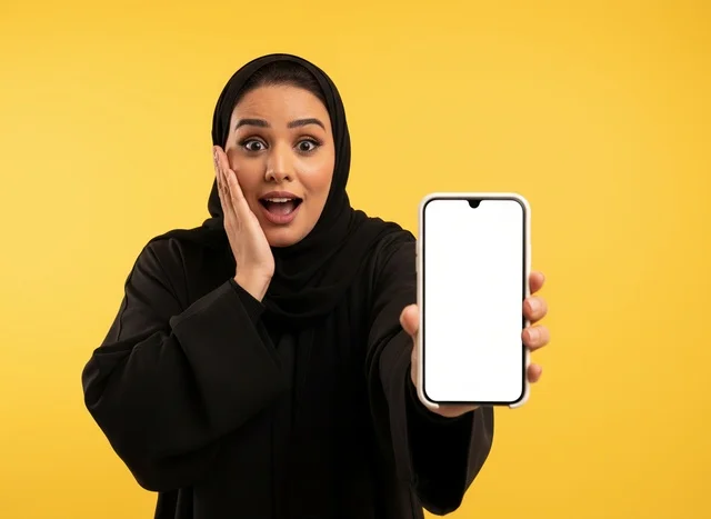 Surprised Emirati Woman Holding Blank Smartphone Screen