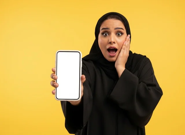 Surprised Saudi Woman Holding Smartphone Mockup