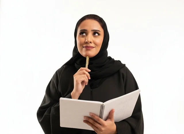 Saudi Woman in Abaya with Notebook and Pen