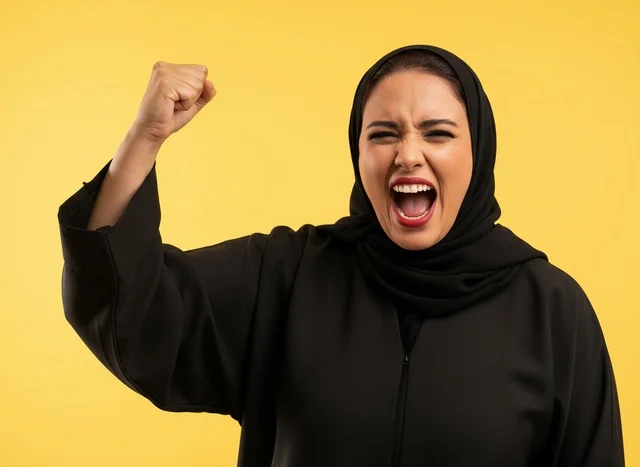 Saudi Woman in Abaya Celebrating Victory Yellow Backdrop