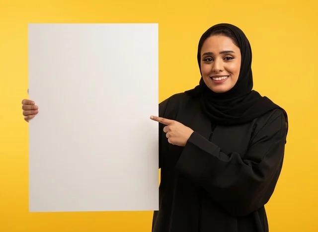 Saudi Woman Holding Blank Board on Yellow Background