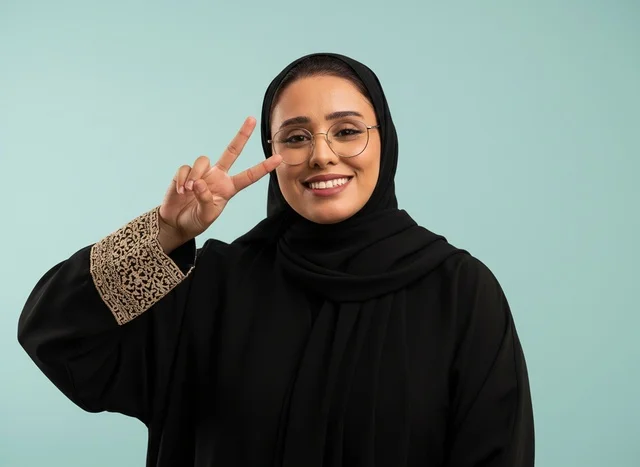 Smiling Emirati Woman in Black Abaya Making Victory Sign
