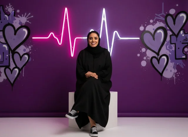 Smiling Saudi Woman in Abaya with Neon Background