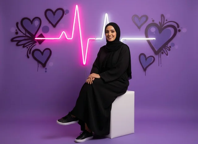 امرأة عربية بالعباءة أمام خلفية نيون لنبض القلب