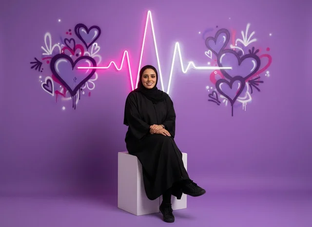 Saudi Woman in Abaya with Neon Heartbeat Art