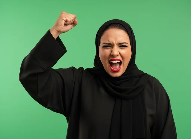 امرأة سعودية بالعباءة تحتفل بالنصر على خلفية خضراء